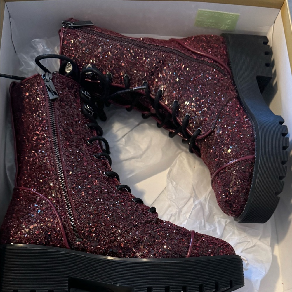 Michael Kors Women's Bryce Lug Sole Platform Combat Boot Dark Berry size 6/6.5